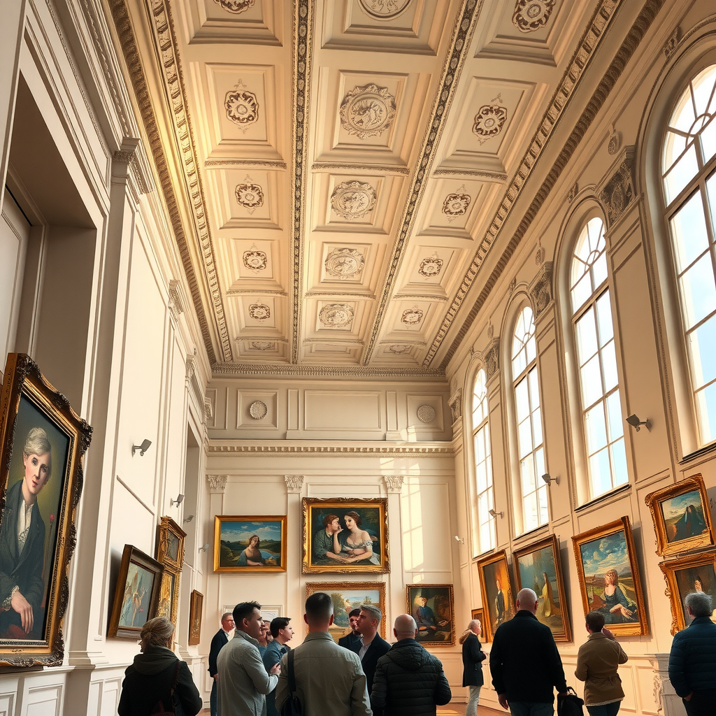 Intérieur élégant d'un musée français avec architecture classique, détails de plafond ornés, et visiteurs admirant des peintures impressionnistes dans des cadres dorés, éclairage naturel doux provenant de hautes fenêtres, atmosphère sophistiquée et intemporelle