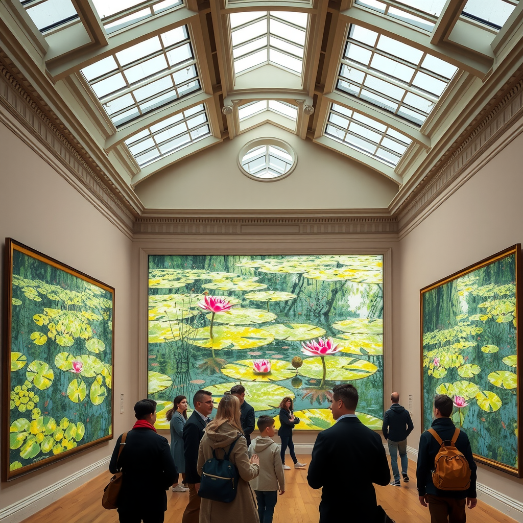 Intérieur du Musée de l'Orangerie avec les panneaux des Nymphéas de Monet illuminés par un système d'éclairage innovant, visiteurs observant les chefs-d'œuvre dans une atmosphère contemplative, lumière naturelle douce filtrant à travers les puits de lumière, architecture muséale élégante