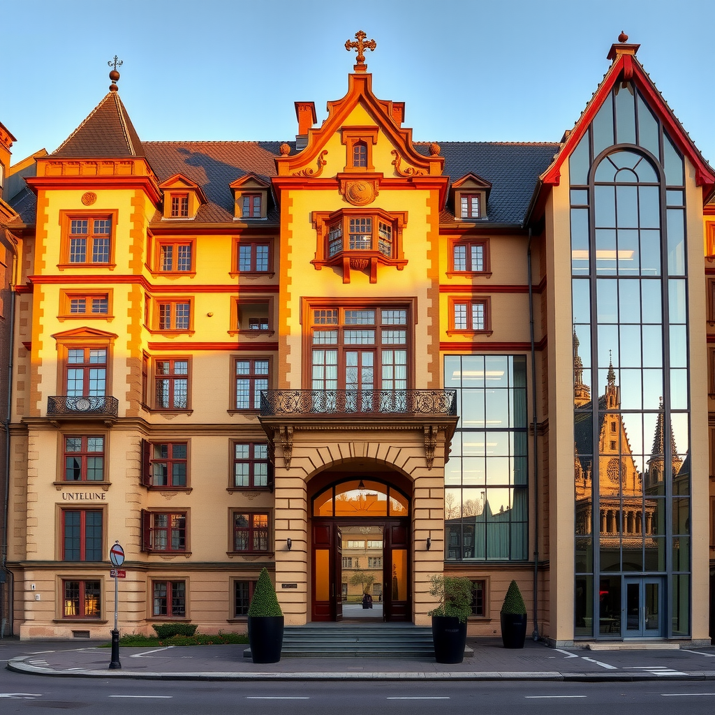 Façade majestueuse du Musée Unterlinden à Colmar avec son architecture médiévale rénovée et son extension moderne en verre, photographiée au coucher du soleil avec un ciel doré