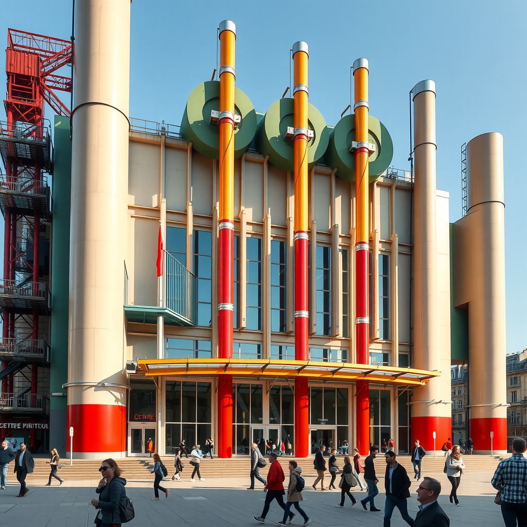 Façade emblématique du Centre Pompidou avec ses tuyaux colorés et son architecture industrielle distinctive, vue de face avec des visiteurs sur la place devant le musée