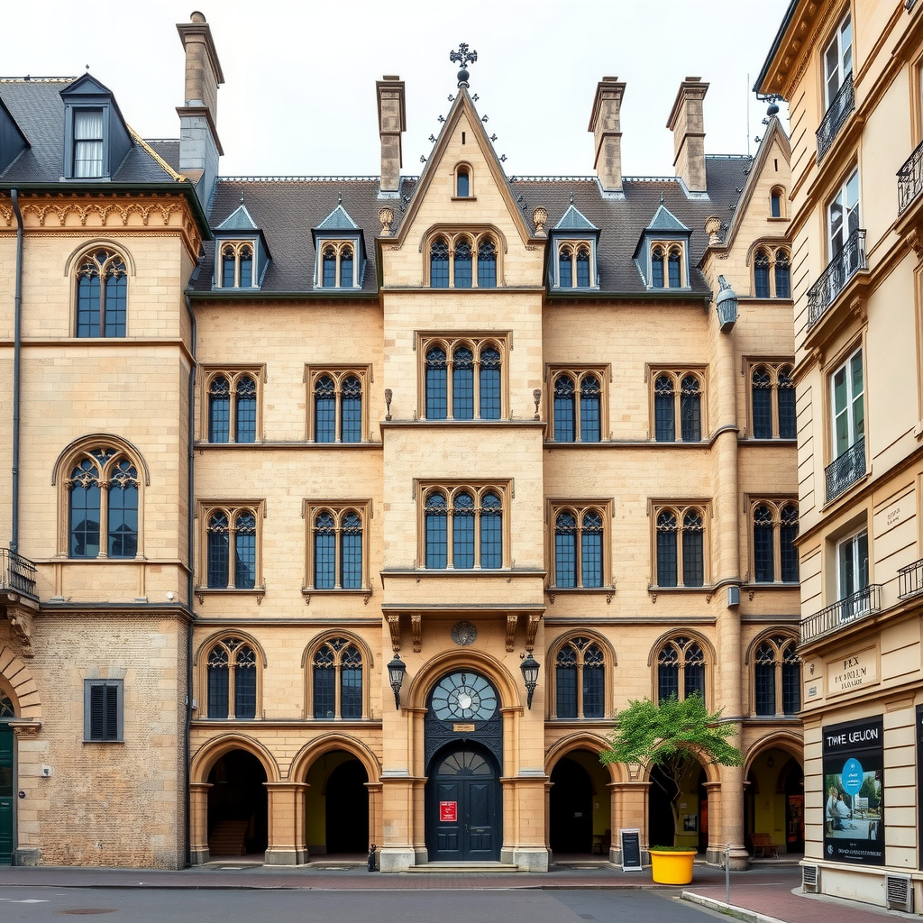 Vue extérieure majestueuse du Musée de Cluny à Paris, montrant l'architecture médiévale historique avec ses murs en pierre, ses arches gothiques et son intégration harmonieuse dans le quartier latin moderne