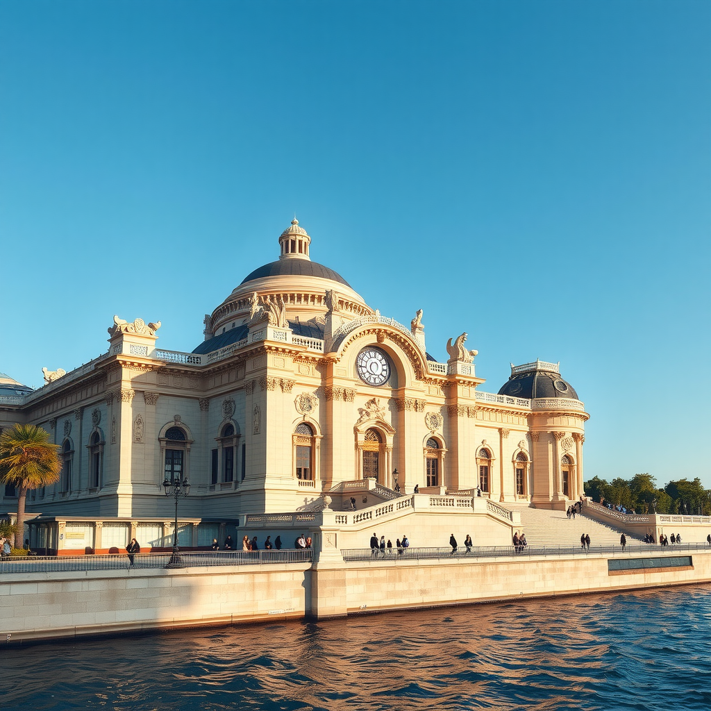 Vue extérieure majestueuse du Musée d'Orsay à Paris avec la Seine en premier plan, architecture Beaux-Arts emblématique, ciel bleu et visiteurs se promenant le long des quais