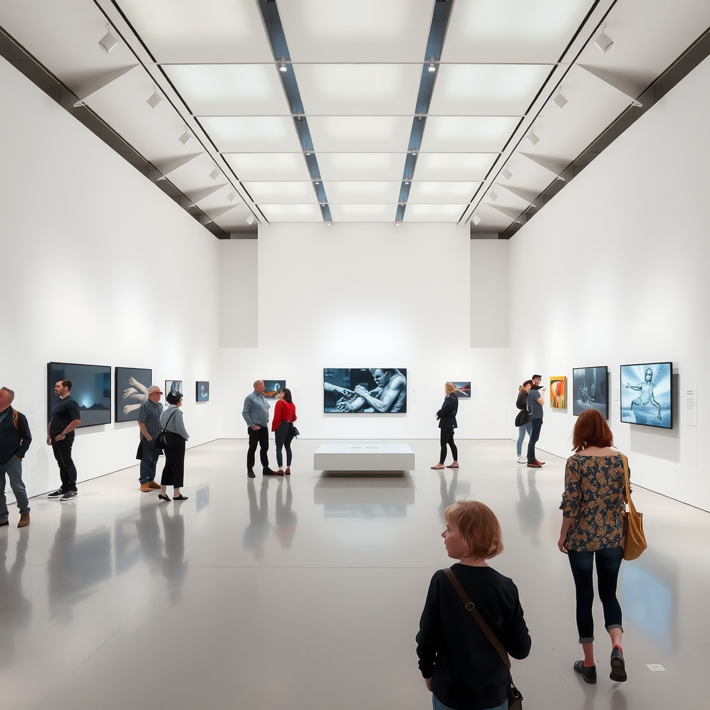 Installation artistique contemporaine dans une galerie du Centre Pompidou, avec des œuvres multimédias projetées sur les murs blancs et des visiteurs observant les créations dans un espace lumineux et moderne