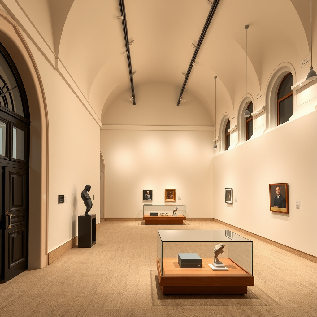 Intérieur rénové du Musée de Cluny montrant les nouvelles salles d'exposition avec un éclairage moderne et subtil, des murs aux tons neutres élégants, et une architecture contemporaine qui respecte le caractère historique du bâtiment médiéval