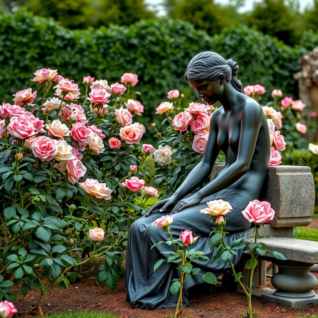 La sculpture La Méditation d'Auguste Rodin en bronze, une figure féminine sans bras en position contemplative, entourée de rosiers anciens en pleine floraison avec des roses roses et blanches, dans un coin tranquille du jardin avec un banc en pierre à proximité