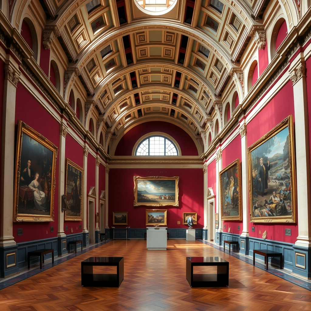 Galerie principale du Musée Fabre avec ses hauts plafonds voûtés, ses murs couleur bordeaux et ses grandes toiles du XIXe siècle accrochées dans une scénographie élégante, baignée de lumière naturelle