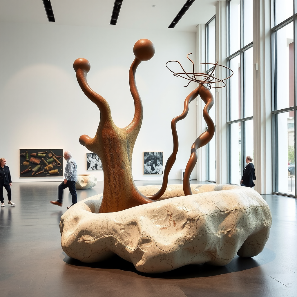 Sculpture contemporaine abstraite dans une salle d'exposition du Centre Pompidou, avec des formes organiques et des matériaux mixtes, éclairée par une lumière naturelle venant des grandes fenêtres