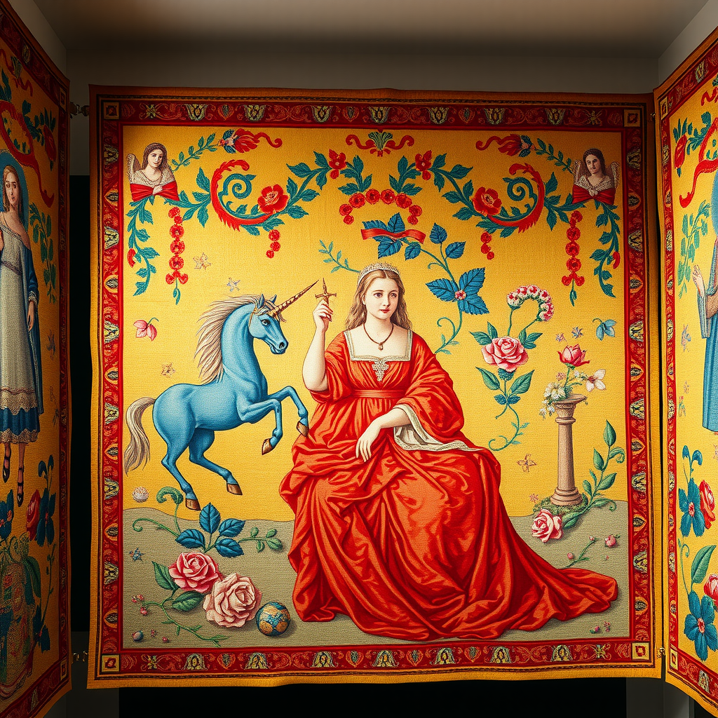 Les célèbres tapisseries de La Dame à la Licorne exposées dans leur nouvelle salle dédiée au Musée de Cluny, montrant les six tapisseries médiévales aux couleurs rouge et bleue vibrantes, avec leurs détails floraux délicats et leurs figures allégoriques représentant les cinq sens