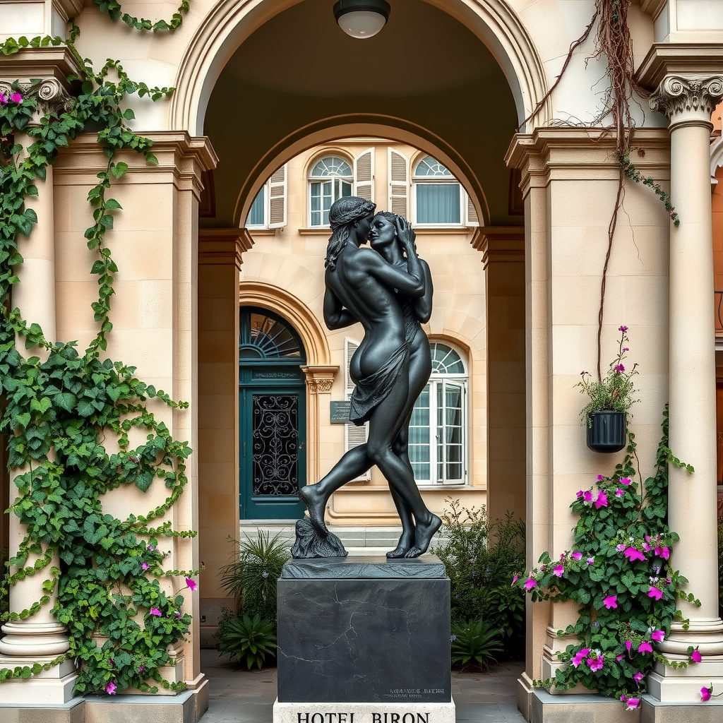 La sculpture Le Baiser d'Auguste Rodin en bronze, montrant deux amants enlacés, placée dans une alcôve architecturale avec des colonnes néoclassiques et des arches, entourée de lierre grimpant et de clématites, avec la façade de l'Hôtel Biron visible en arrière-plan