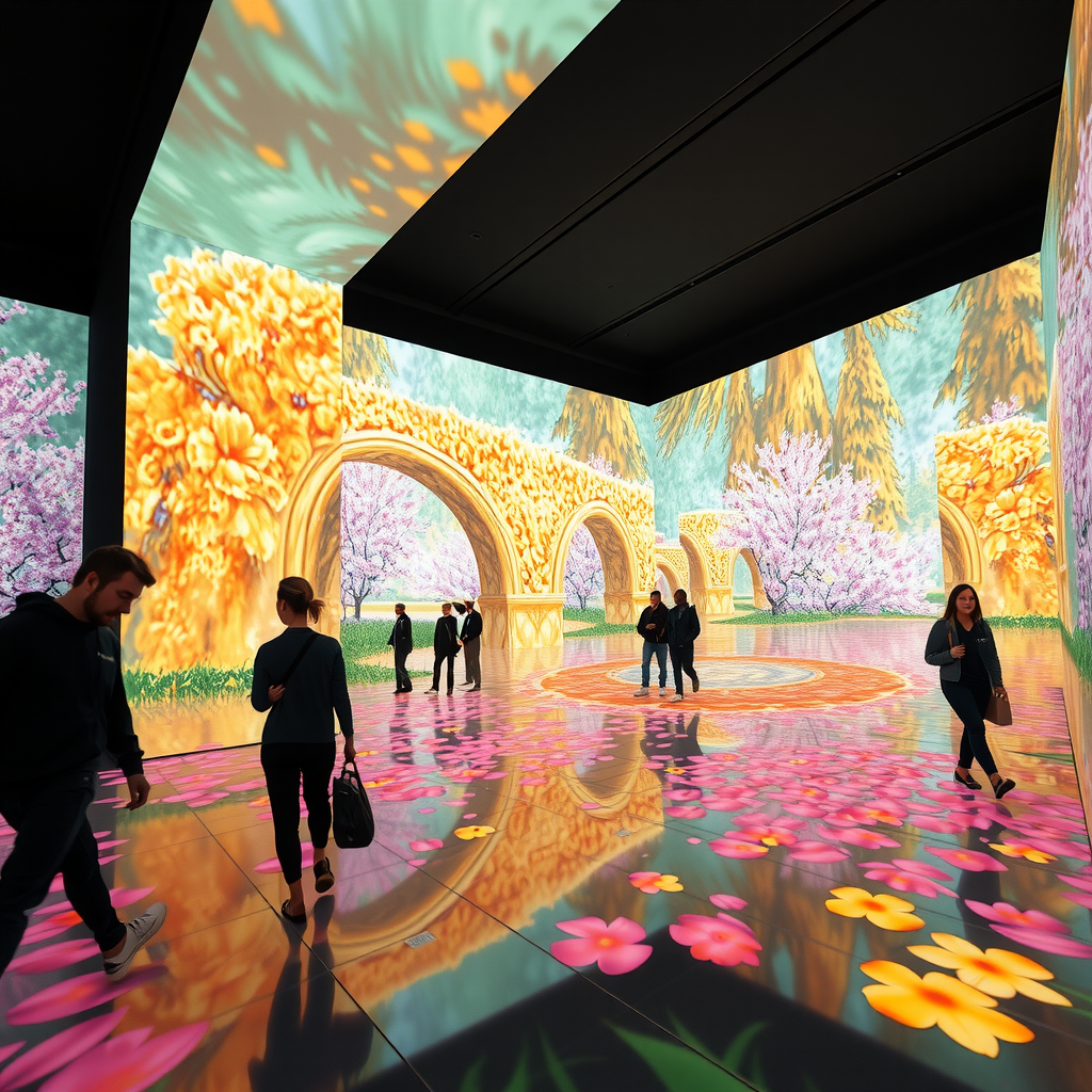 Espace d'exposition numérique immersif avec les peintures de Monet projetées sur des murs et des sols massifs, visiteurs marchant à travers des projections lumineuses colorées, expérience muséale contemporaine, art impressionniste réinventé