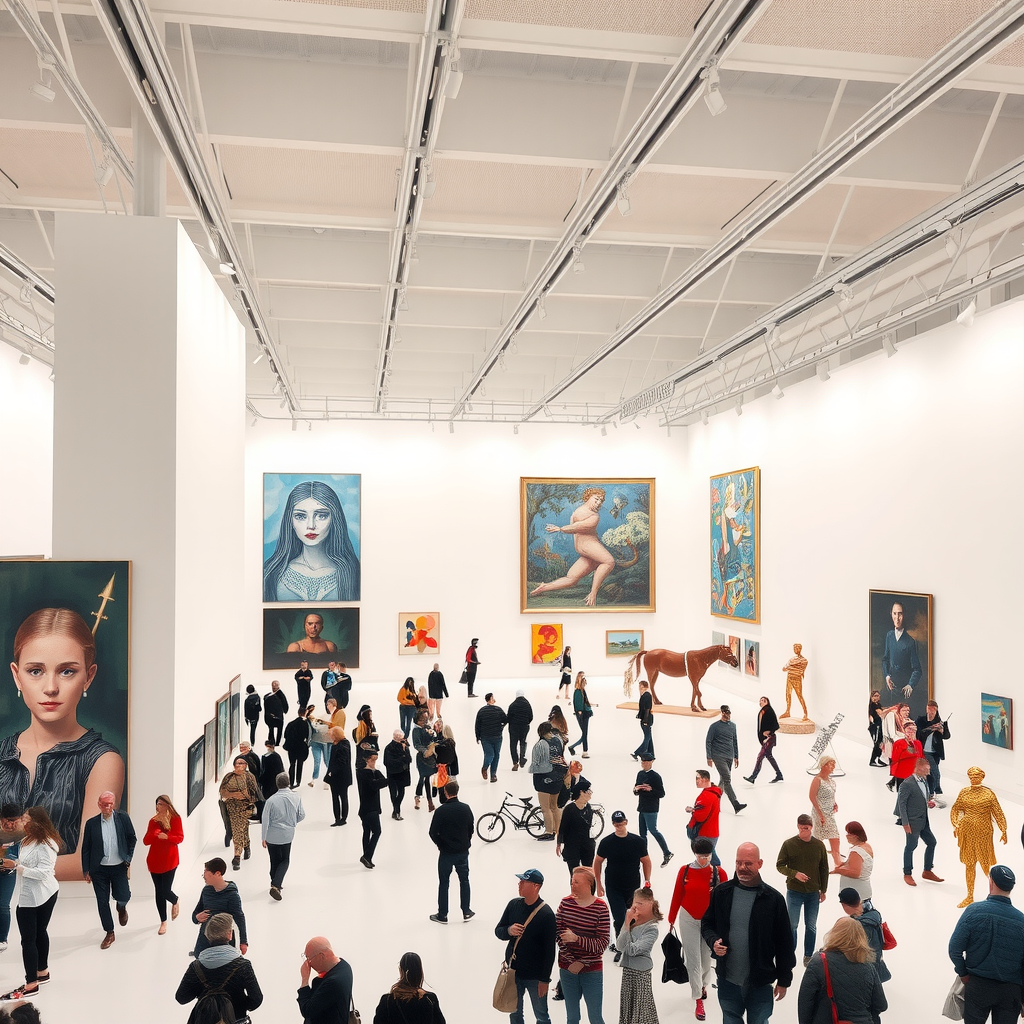 Grande galerie d'exposition du Centre Pompidou présentant des œuvres d'artistes internationaux, avec des installations variées, des peintures murales et des sculptures, dans un espace blanc lumineux avec des visiteurs diversifiés