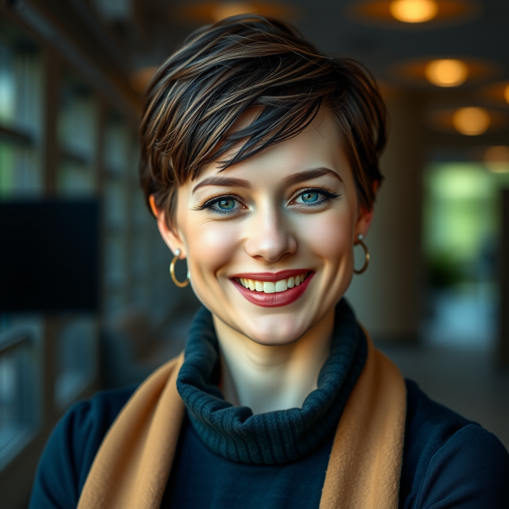 Portrait professionnel d'Élise Dubois, journaliste culturelle, jeune femme dynamique avec cheveux courts, sourire engageant, fond moderne
