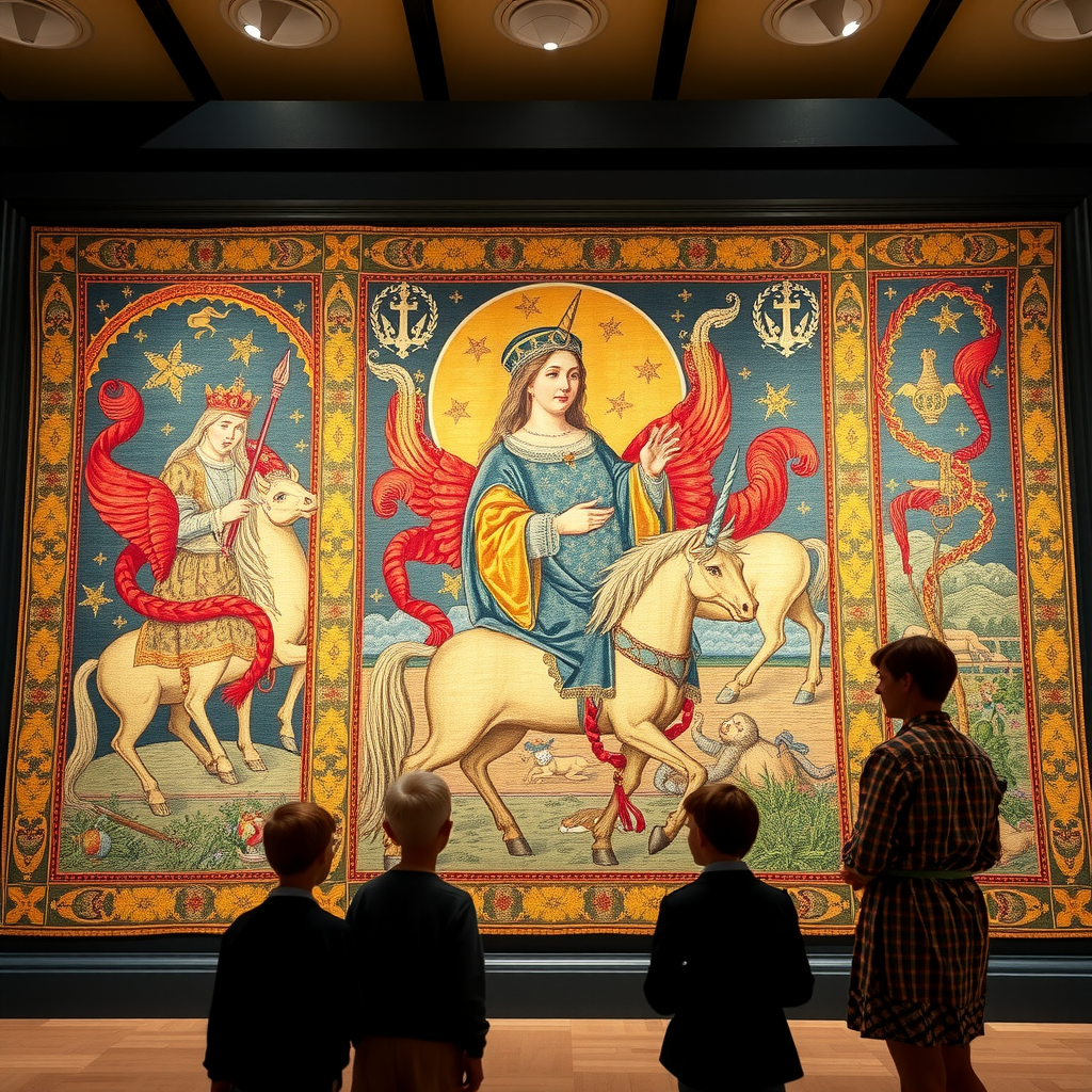 Les célèbres tapisseries de la Dame à la Licorne au Musée de Cluny avec des installations numériques interactives modernes, art médiéval présenté dans un cadre rénové contemporain, visiteurs explorant les connexions entre traditions historiques et pratiques créatives actuelles
