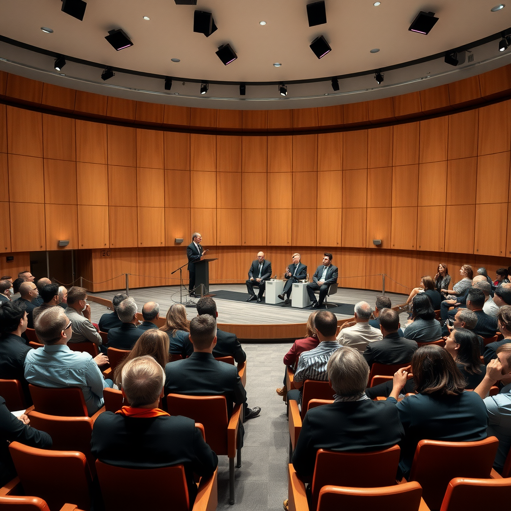 Salle de conférence du Centre Pompidou lors d'un débat public sur l'art contemporain, avec des panélistes sur scène et un public attentif dans l'auditorium moderne