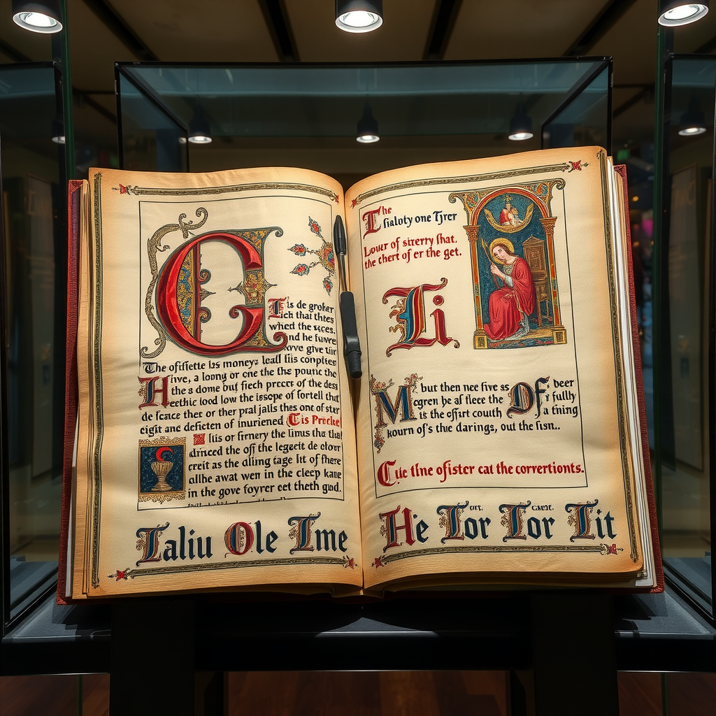 Manuscrit enluminé médiéval ouvert montrant des enluminures colorées avec des feuilles d'or, des lettrines décoratives complexes, et des miniatures détaillées représentant des scènes religieuses, exposé dans une vitrine moderne avec un éclairage subtil