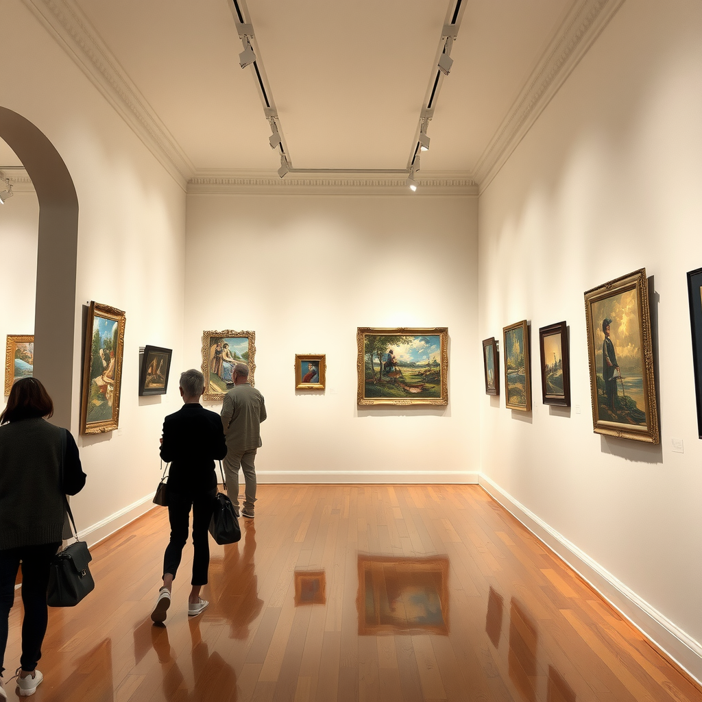 Galerie d'art élégante présentant des peintures impressionnistes, murs blancs, éclairage professionnel, visiteurs contemplant les œuvres, atmosphère sereine et culturelle