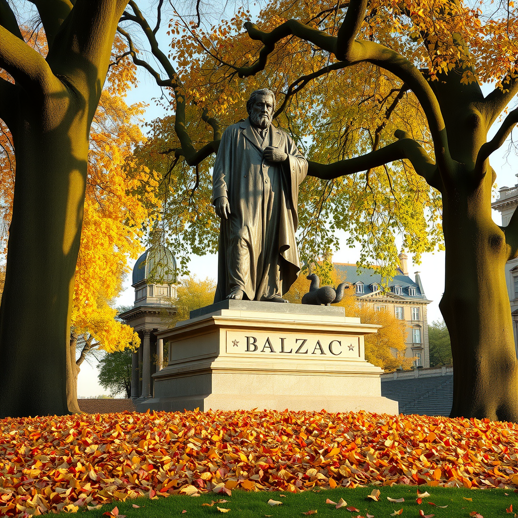 La sculpture Monument à Balzac d'Auguste Rodin en bronze, une figure monumentale drapée dans une robe de chambre, positionnée sous de grands arbres avec des feuilles d'automne dorées et rousses tombant autour, créant un tapis de feuilles au pied de la sculpture