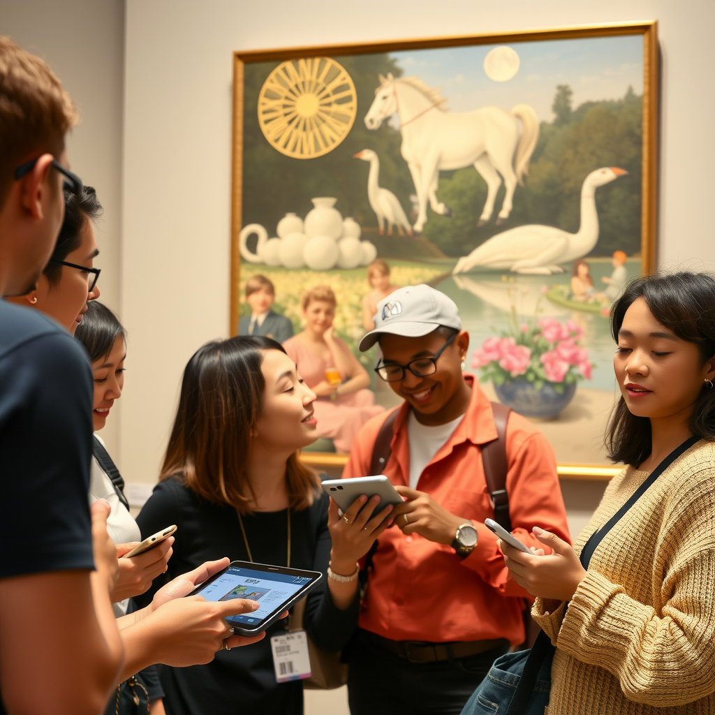 Groupe diversifié de visiteurs de musée utilisant des appareils mobiles et des tablettes pour explorer l'exposition Monet, guides numériques interactifs, expérience muséale accessible, technologie améliorant l'appréciation de l'art, espace culturel inclusif