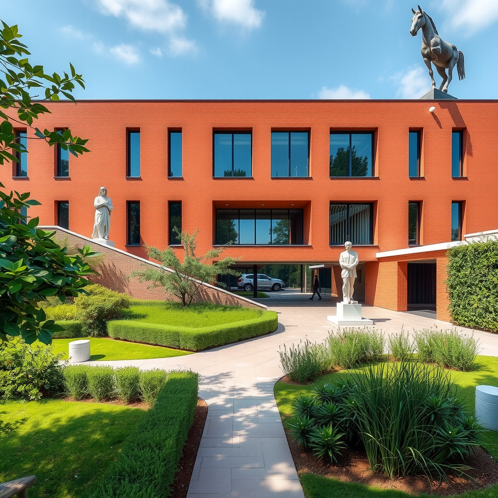 L'architecture contemporaine du LaM à Villeneuve-d'Ascq avec sa façade en brique rouge caractéristique, ses grandes baies vitrées et son parc de sculptures verdoyant parsemé d'œuvres monumentales