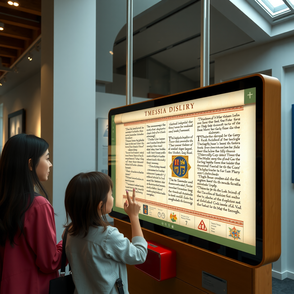 Écran interactif tactile au musée montrant une interface numérique élégante permettant d'explorer les détails d'un manuscrit médiéval, avec des visiteurs de différents âges interagissant avec la technologie dans un environnement muséal moderne