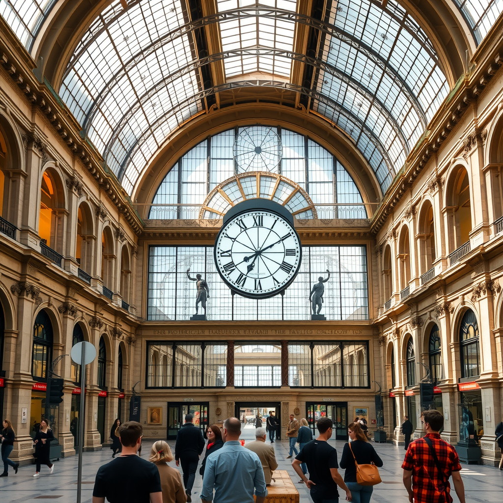 Vue intérieure iconique du Musée d'Orsay montrant la grande horloge transparente, architecture de gare historique, sculptures et visiteurs dans la nef centrale, lumière naturelle spectaculaire