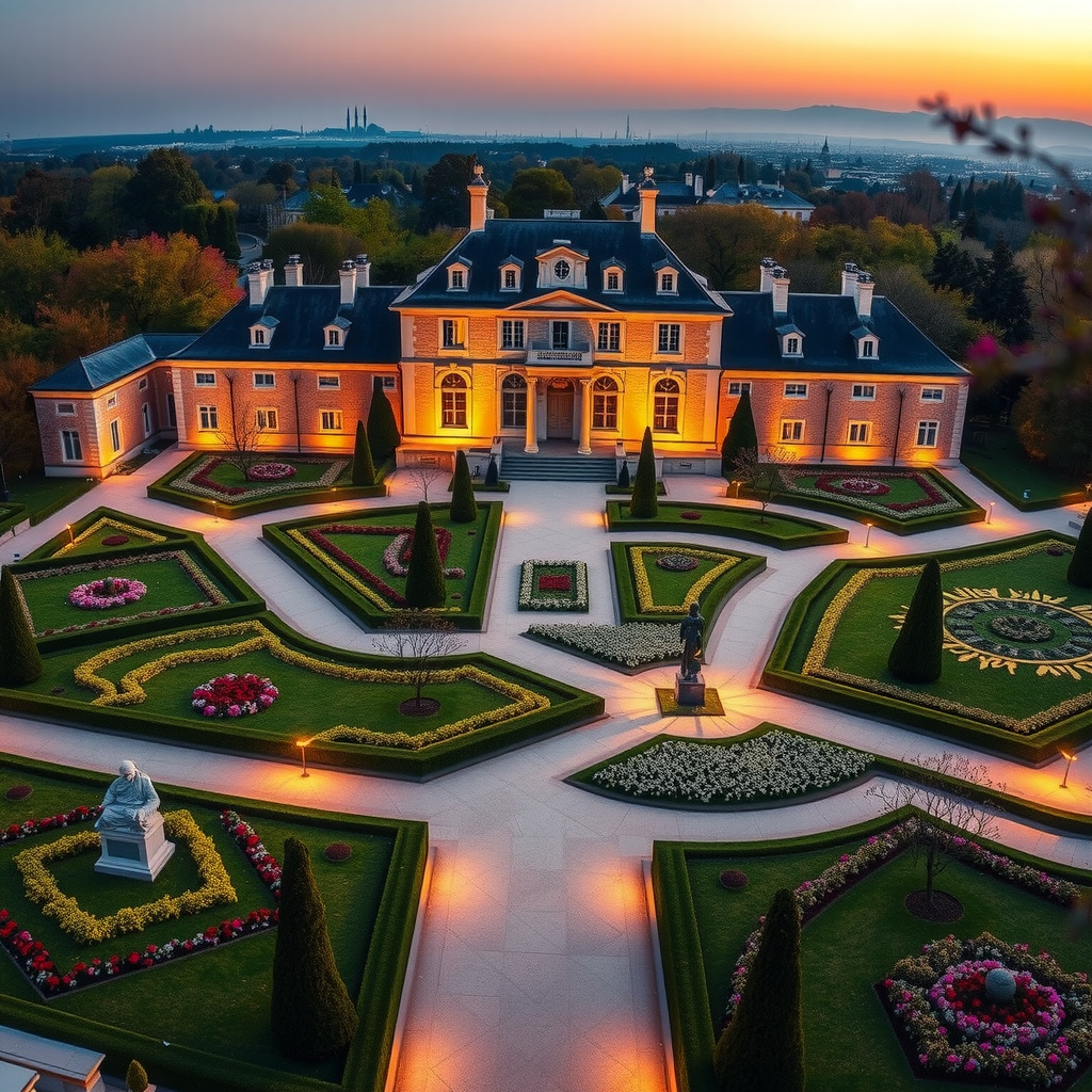 Vue aérienne panoramique du jardin du Musée Rodin au crépuscule, montrant l'ensemble du jardin de trois hectares avec ses allées géométriques, ses parterres de fleurs, ses sculptures dispersées et l'Hôtel Biron illuminé, photographié dans la lumière dorée du coucher de soleil avec des ombres longues