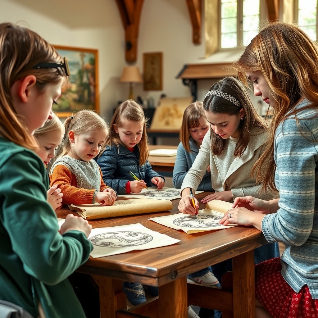 Atelier pédagogique au Musée de Cluny montrant des enfants et des adultes participant à un atelier d'enluminure médiévale, travaillant sur des parchemins avec des pigments naturels et des feuilles d'or, guidés par un animateur dans une salle lumineuse et accueillante