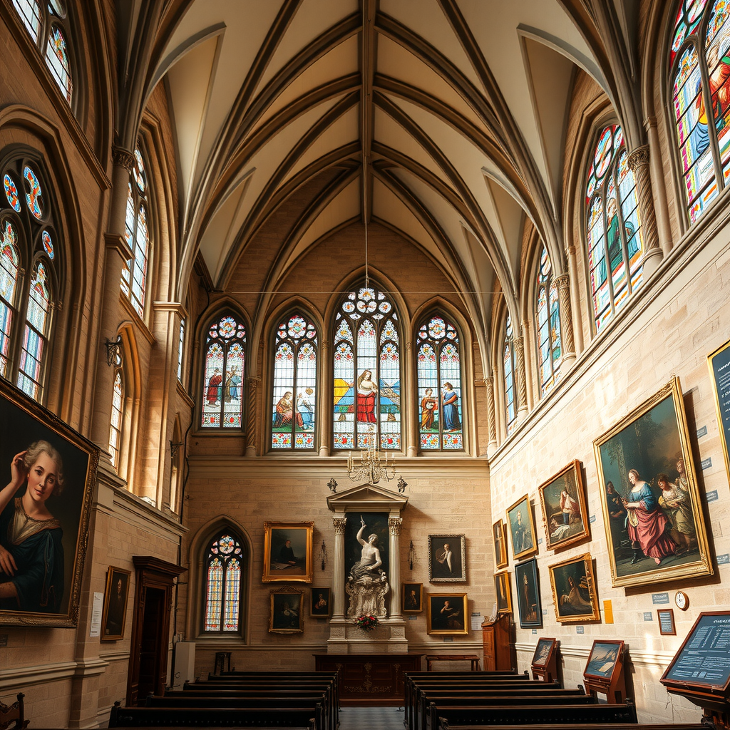 L'ancienne église des Augustins transformée en galerie d'exposition avec ses hautes voûtes gothiques, ses vitraux colorés et ses grandes peintures classiques accrochées sur les murs de pierre