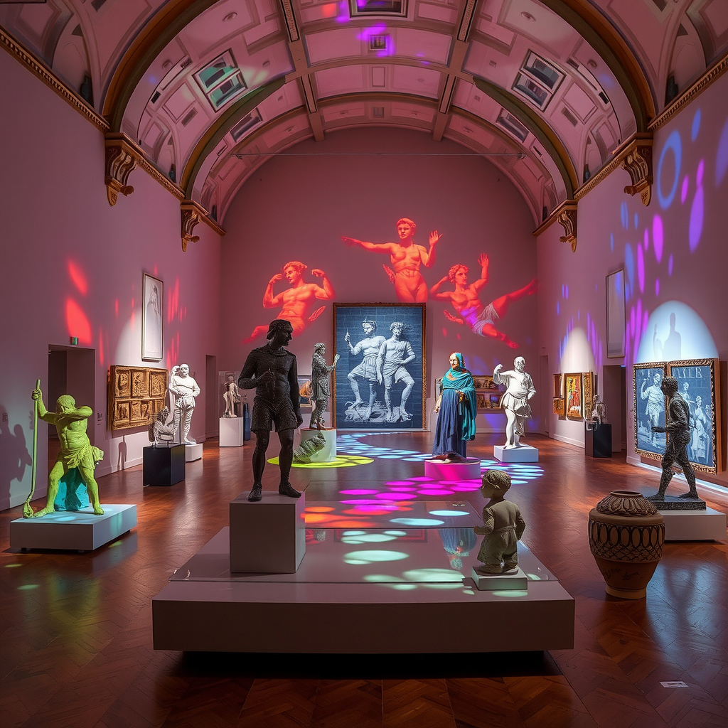 Exposition temporaire au Musée de Cluny montrant une installation d'art contemporain en dialogue avec des sculptures médiévales, avec des projections lumineuses colorées créant des ponts visuels entre les œuvres anciennes et modernes dans un espace d'exposition élégant